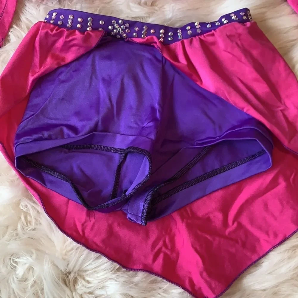 Purple and Pink two piece dance costume with Swarovski Crystals and sequins.
